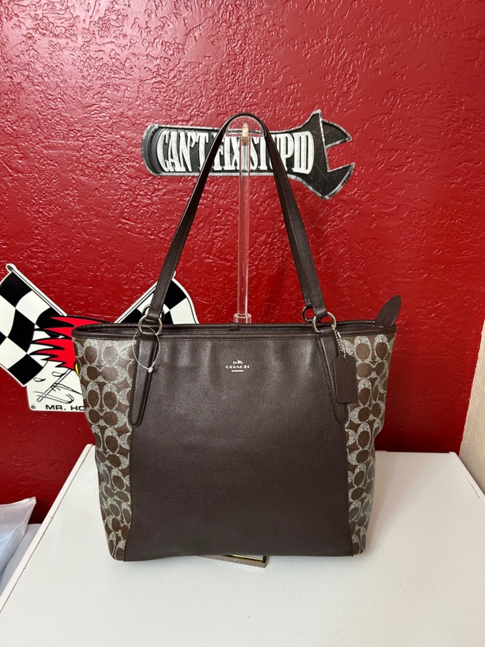 Coach Brown Signature Canvas & Dark Brown Tote with coa